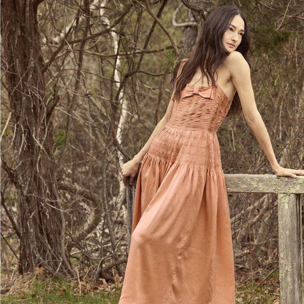 DÔEN Ambrosia 100% Silk Maxi Dress Apricot Peach Ruched Bow Side Zip Medium